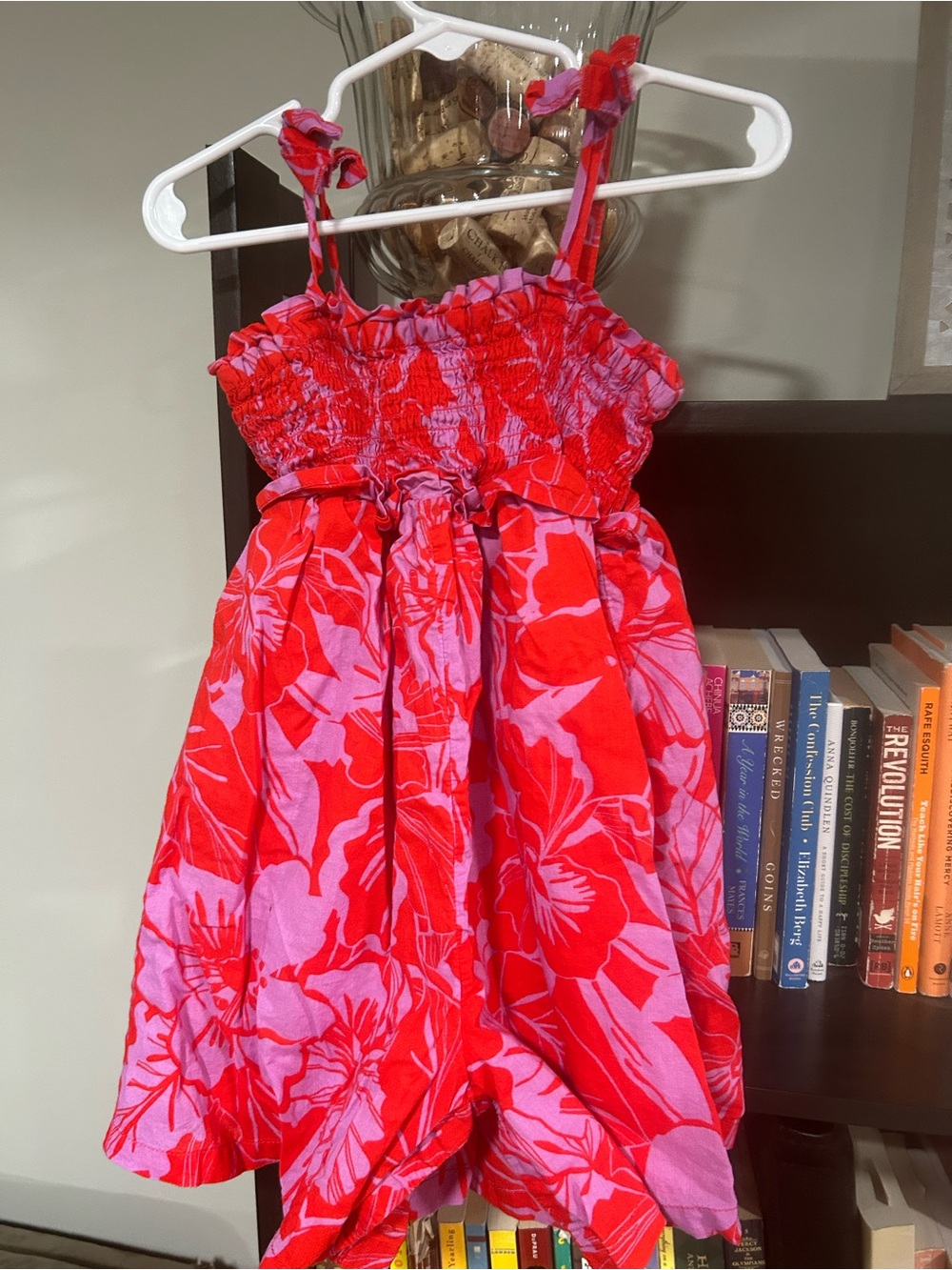 Girls Red and Pink Floral Romper - Smocked Bodice
